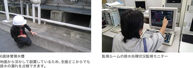 生産用水～水を見守るしくみ～　三重工場では、排水処理水槽を、地中ではなく地上に設置しています。これは、万一、薬液を含む排水が漏れた場合に、すぐに目視確認できるようにするためです。また、監視ルームでは水槽や配管、その他設備に異常がないか、常にモニタリングしています。