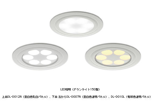 ＬＥＤ照明(ダウンライト 150型)　上段 ＤＬ―Ｄ０１２Ｎ(昼白色 乳白パネル)、下段 左から　ＤＬ―Ｄ００７Ｎ(昼白色 透明パネル)、ＤＬ―Ｄ０１０Ｌ(電球色 透明パネル)