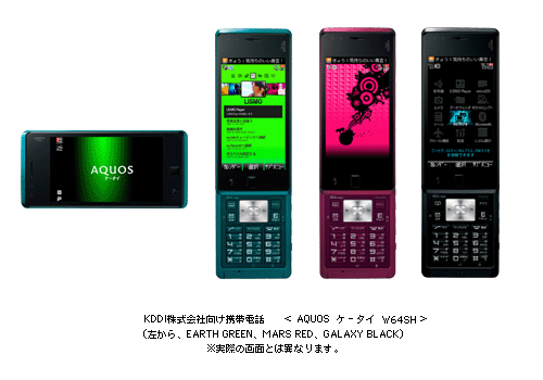 ＫＤＤＩ株式会社向け携帯電話　＜AQUOS ケータイ　Ｗ６４ＳＨ＞　(左から　EARTH GREEN、MARS RED、GALAXY BLACK)　※実際の画面とは異なります。