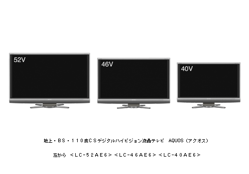 地上・ＢＳ・１１０度ＣＳデジタルハイビジョン液晶テレビ AQUOS(アクオス)　左から　＜ＬＣ―５２ＡＥ６＞＜ＬＣ―４６ＡＥ６＞＜ＬＣ―４０ＡＥ６＞