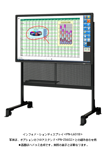 インフォメーションディスプレイ＜PN-L601B＞ 写真は、オプションのフロアスタンド＜PN-ZS602＞との組み合わせ例 ●画面はハメコミ合成です。実際の表示とは異なります。