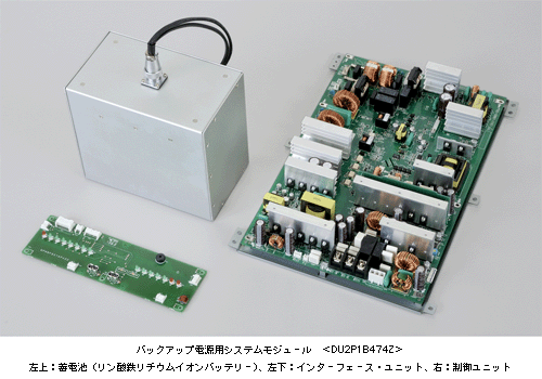 バックアップ電源用システムモジュール　＜DU2P1B474Z＞ 左上：蓄電池(リン酸鉄リチウムイオンバッテリー)、左下：インターフェース・ユニット、右：制御ユニット
