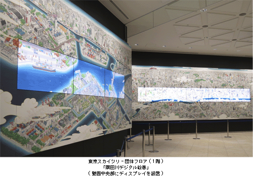 東京スカイツリー団体フロア(1階) 「隅田川デジタル絵巻」 (壁画中央部にディスプレイを設置)