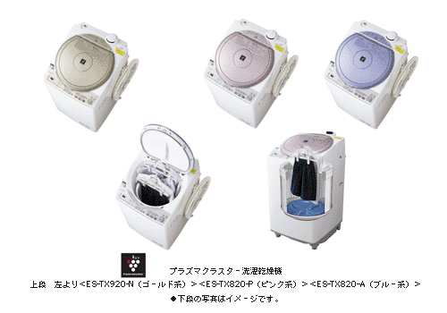 プラズマクラスター洗濯乾燥機 上段左より＜ES-TX920-N(ゴールド系)＞ ＜ES-TX820-P(ピンク系)＞ ＜ES-TX820-A(ブルー系)＞ ●下段の写真はイメージです。