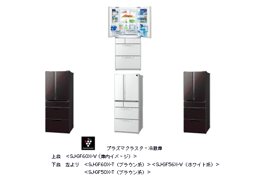 プラズマクラスター冷蔵庫 上段 ＜SJ-GF60X-W(庫内イメージ)＞下段 左より ＜SJ-GF60X-T(ブラウン系)＞＜SJ-GF56X-W(ホワイト系)＞＜SJ-GF50X-T(ブラウン系)＞