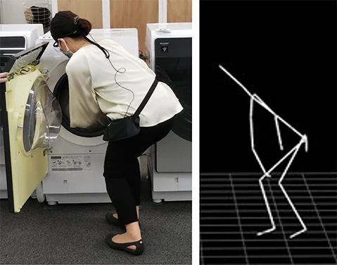 ドラム式洗濯乾燥機から洗濯物を取り出そうとしている様子とその身体の動きを棒人間で表した画像