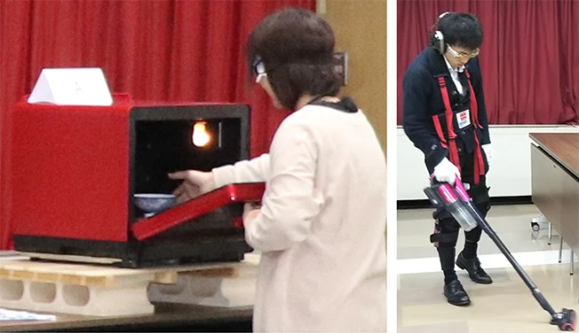 アイマスクをしてオーブンレンジに食器を入れている様子と高齢者疑似体験ツールを装着してコードレススティック掃除機で掃除をしている様子