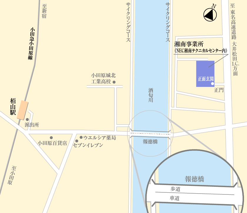 栢山駅周辺の地図。湘南事業所の位置などが示されている。