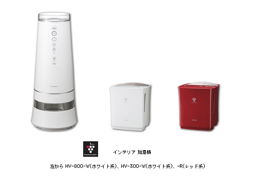 インテリア加湿機 左から HV-800-W(ホワイト系)、HV-300-W(ホワイト系)、-R(レッド系)