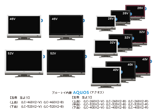 ブルーレイ内蔵 AQUOS(アクオス)【左側 左より】上段<LC―46DX2―W> <LC―46DX2―B>、下段<LC―52DX2―W> <LC―52DX2―B>、【右側 左より】 上段 <LC―26DX2―W> <LC―26DX2―B> <LC―26DX2―R>、中段 <LC―32DX2―W> <LC―32DX2―B> <LC―32DX2―R>、下段 <LC―40DX2―W> <LC―40DX2―B> <LC―40DX2―R>