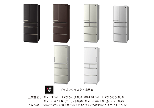 プラズマクラスター冷蔵庫 上段左より <SJ-ZF52S-B(ブラック系)><SJ-XF52S-T(ブラウン系)><SJ-XF47S-N(ゴールド系)><SJ-XF44S-S(シルバー系)> 下段左より <SJ-XW47S-N(ゴールド系)><SJ-XW44S-W(ホワイト系)>