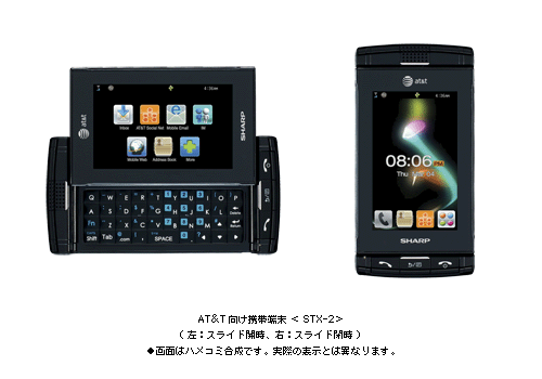 AT&T向け携帯端末<STX-2>(左:スライド開時、右:スライド閉時)●画面はハメコミ合成です。実際の表示とは異なります。