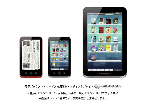 電子ブックストアサービス専用端末・メディアタブレット“GALAPAGOS”(左から　EB－W51GJ(レッド系、シルバー系)、EB－WX1GJ(ブラック系)) ●画面はハメコミ合成です。実際の表示とは異なります。