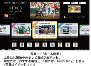 (写真1)「ホーム画面」上段には視聴中のテレビ番組が表示され、中段には「おすすめ番組」、下段には「AQUOS City」を表示。(写真はイメージです。)
