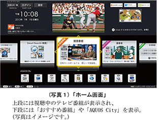 (写真1)「ホーム画面」上段には視聴中のテレビ番組が表示され、下段には「おすすめ番組」や「AQUOS City」を表示。(写真はイメージです。)