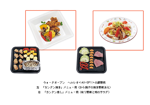 ウォーターオーブン　ヘルシオ＜AX-SP1＞の調理例 左「カンタン焼き」メニュー例(から揚げの焼き野菜添え)右「カンタン蒸し」メニュー例(彩り野菜と鶏のサラダ)