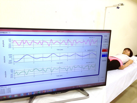 マイクロ波センサモジュール　＜DC6M4JN3000＞（右上）を用い、人の心拍・呼吸・体動を検知する様子を実演
